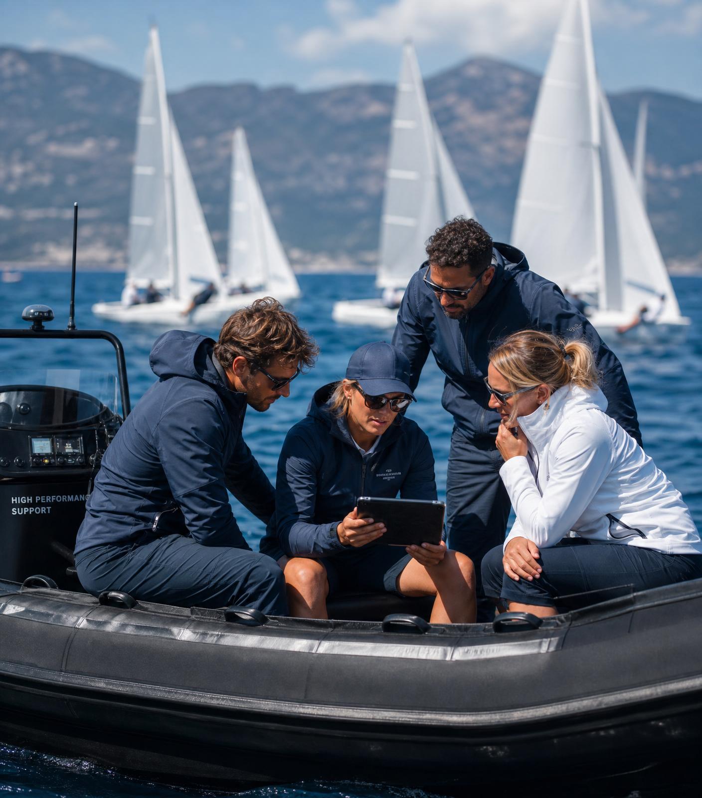 Coaching team coordinating on a support boat