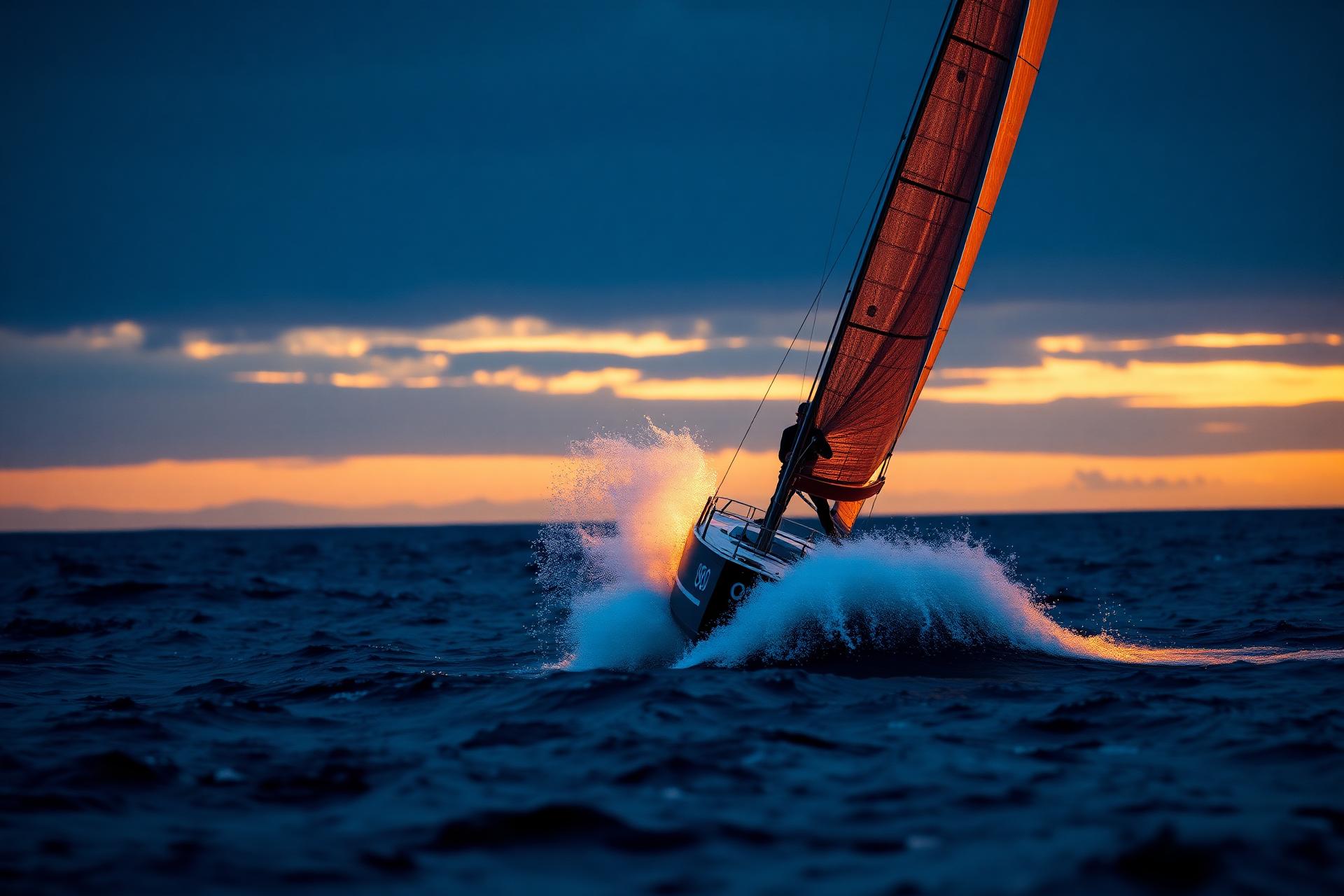 Olympic-class sailing dinghy racing at golden hour